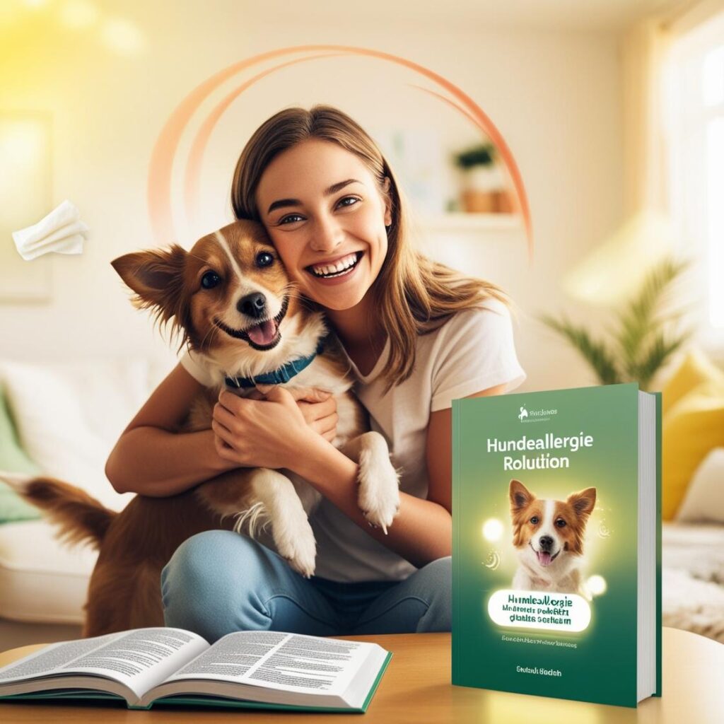 hundeallergie-loesung-ratgeber.jpg" alt="Hundeallergie Lösung: Glückliche Hundebesitzerin umarmt ihren Hund mit einem Ratgeber auf dem Tisch
